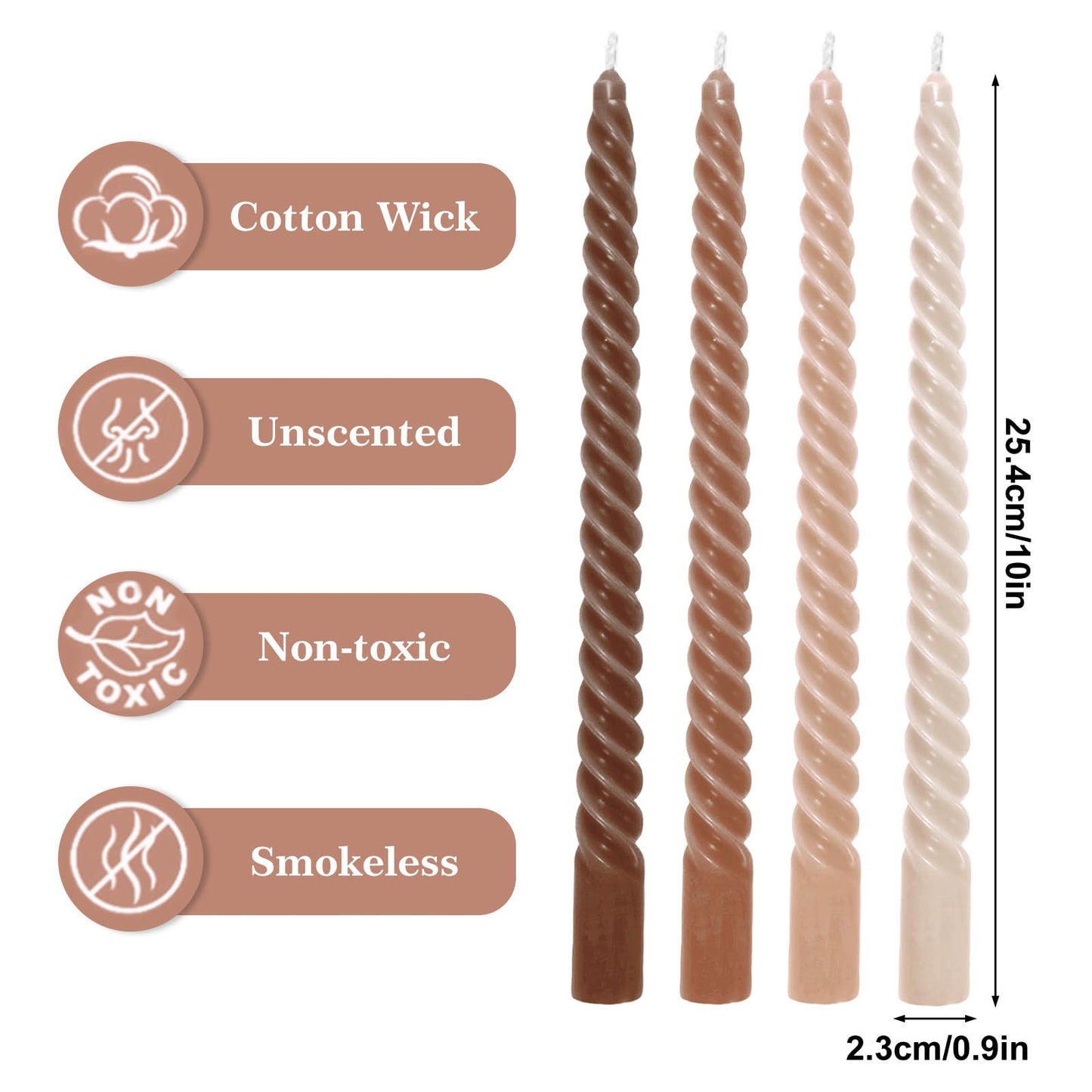 Whaline 12 Pcs Gradient Brown Spiral Taper Candles Dripless Twisted Wax Candles 10 Inch Long Unscented Candle Sticks for Wedding Holiday Fall Party Home Dinner Table Decor