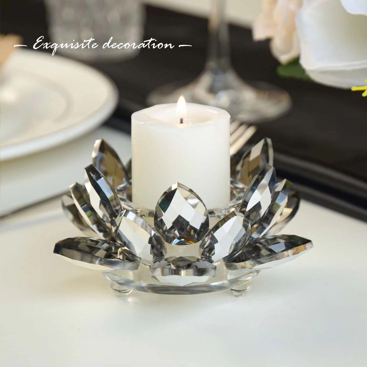 Kolnlala Crystal Lotus Flower Tealight Candle Holders/Glass Tea Light Candlestick Decor Decoration for Christmas Home Wedding Party… (1, Black 1pc)