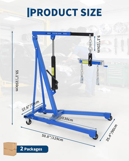 Hydraulic Engine Hoist with Lever, 1.5 Ton 3000 LBS Telescopic Shop Crane with 4 Casters, Cherry Picker Lift with 8 Ton Hydraulic Pump, for Home Garage, Warehouse, and DIY Automotive Projects, Blue