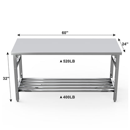 60" X 24" Stainless Steel Folding Table, NSF Commercial Work Table, Heavy Duty Prep Table with Adjustable Undershelf for Restaurant, Kitchen, Food Service, Space-Saving, No Installation Required