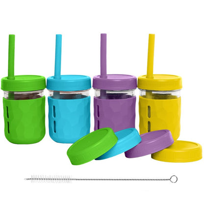 WeeSprout Glass Cups With Lids & Straws, Spill-Resistant Smoothie Cups for Toddlers & Kids, Baby Food Storage & Snack Jars, XL Silicone Straws, Easy-Grip Sleeves, 12 oz, Set of 4