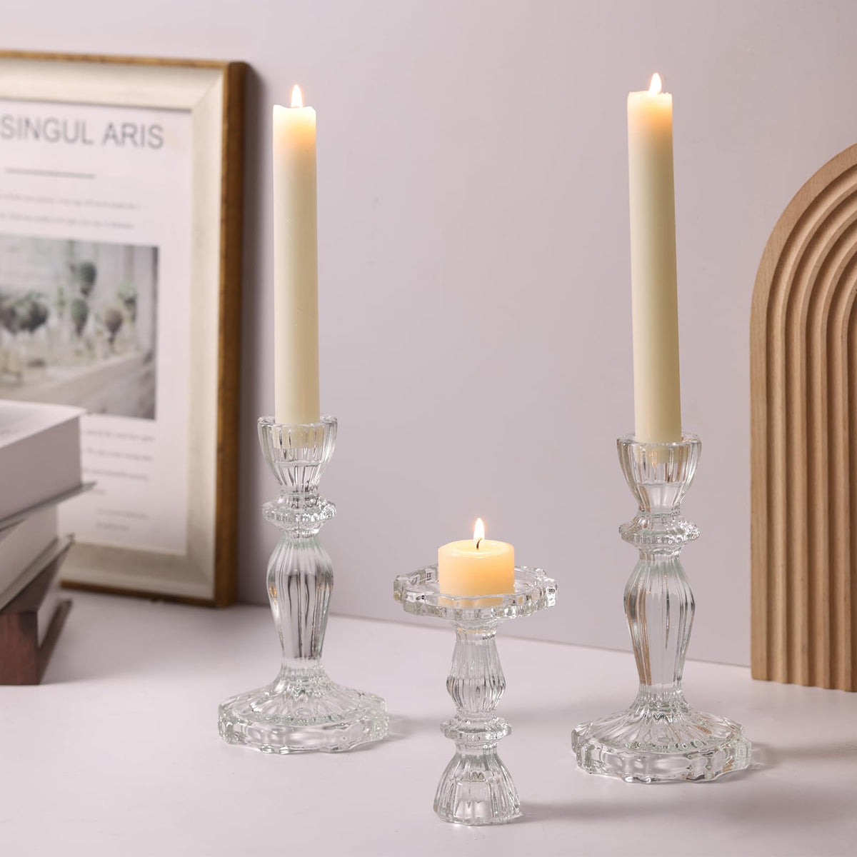 Simeitol Clear Candlestick Holders Set of 6, Taper Candle Holders, 4.3" H & 6.3" H Glass Candle Holder for Candlesticks & Pillar Candles, Crystal Candle Holders for Wedding and Home Decor