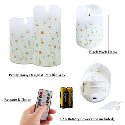 Eywamage White Floral Flameless Pillar Candles with Remote, Flickering Spring Daisy Battery LED Candles Set of 2