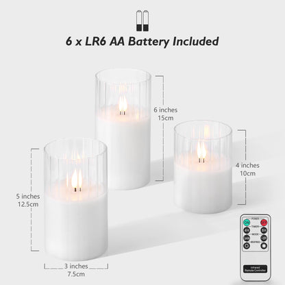 Rhytsing Clear Ribbed Glass Battery Operated LED Candles with Remote, White Flameless Candle Gift Set with Timer for Weddings and Churches, Warm White Light- 6 Batteries Inclued - Set of 3
