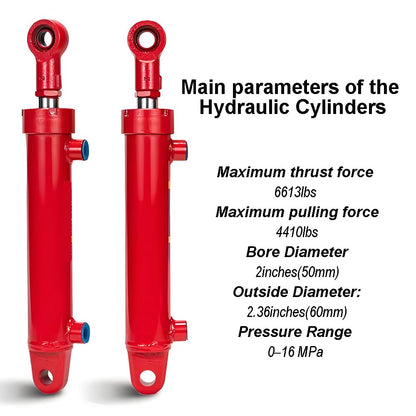 RHKING 2x10 Hydraulic Cylinder 3 Ton Double Acting Welded Hydraulic Cylinder 2" Bore x 10" Stroke with 3/8" JIC 37°(9/16"-18 Thread) Hydraulic End Connectors Maximum Thrust Force 6613lbs