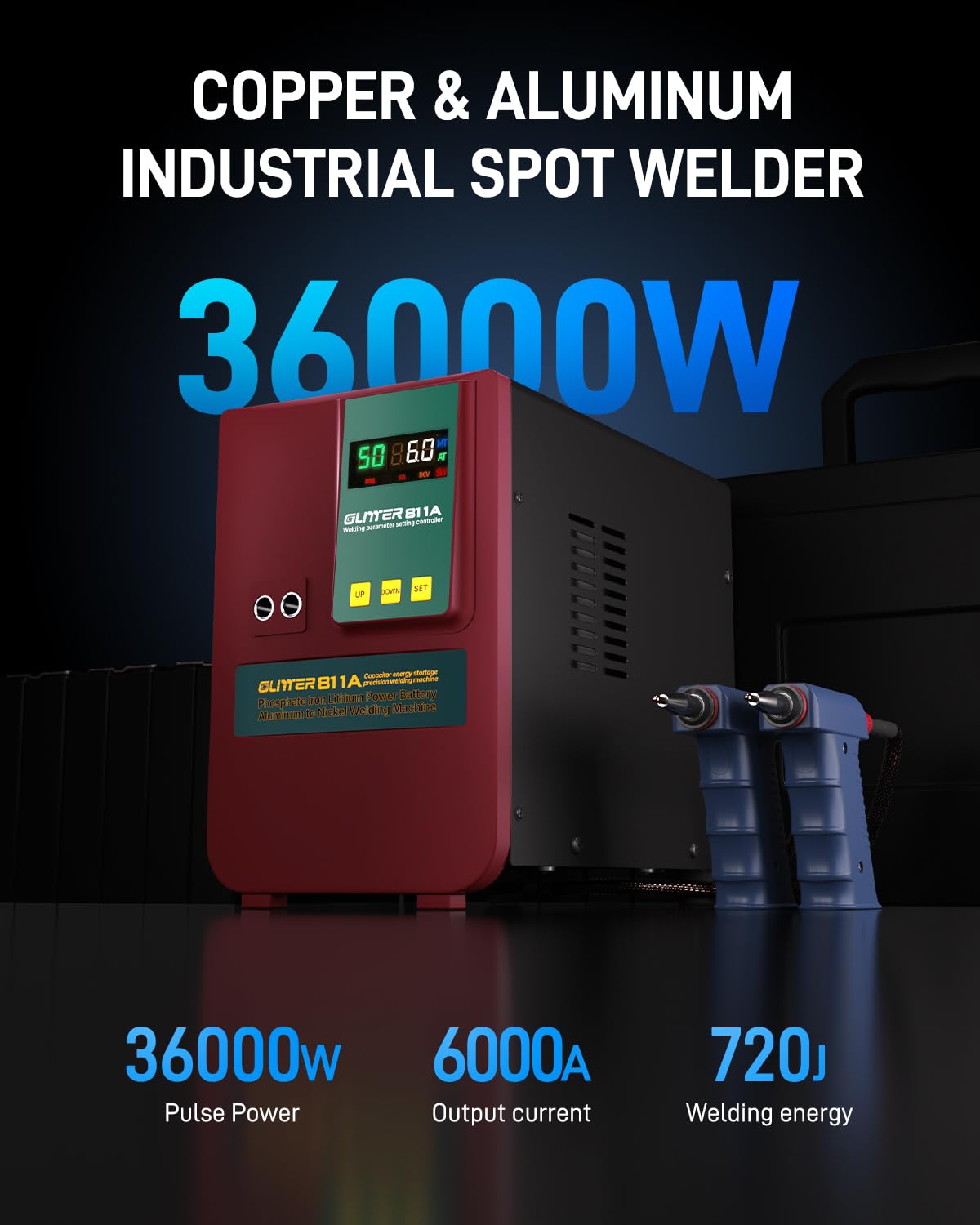 GLITTER Industry Spot Welder, 36000W 6000A Battery Spot Welder, Copper Aluminum to Nickel Spot Welder for Lithium Batteries, 99 Gears Battery Welder for Batch Build LiFePO4 Prismatic Battery Pack,811A