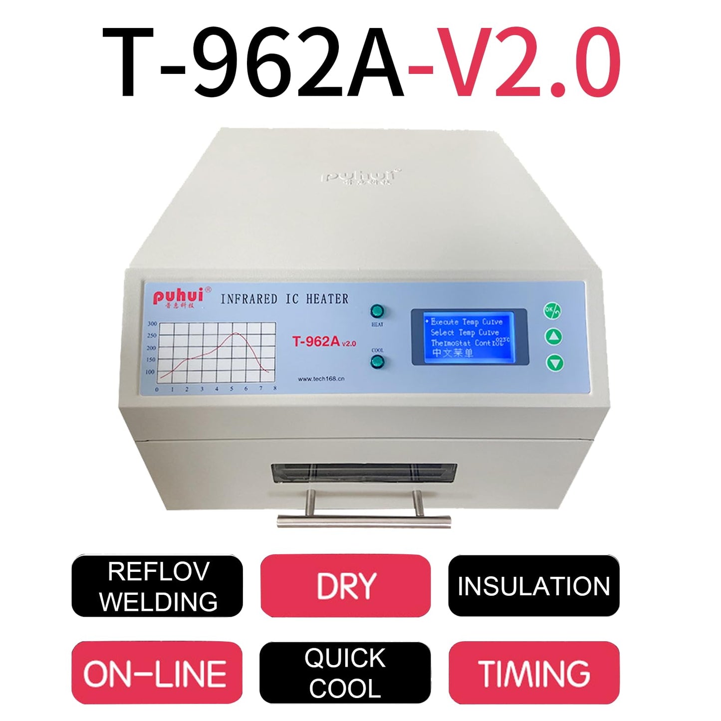 T962A Automatic Reflow Soldering Machine with Hot Air Circulation - Infrared Heater for PCB SMT BGA Rework Station, 1500W Drawer Type Reflow Oven, Wide Welding Area 300mm x 320mm