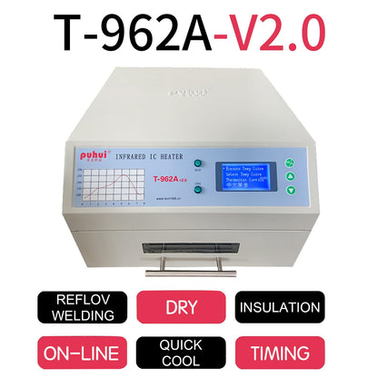 T962A Automatic Reflow Soldering Machine with Hot Air Circulation - Infrared Heater for PCB SMT BGA Rework Station, 1500W Drawer Type Reflow Oven, Wide Welding Area 300mm x 320mm