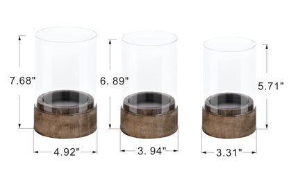 Set of 3 Glass Hurricane Candle Holders for Pillars with Vintage Natural Solid Wooden Bases, Farmhouse Candle Holder, Candle Stand, Candlestick Holders, Centerpiece for Home, Table, Wedding