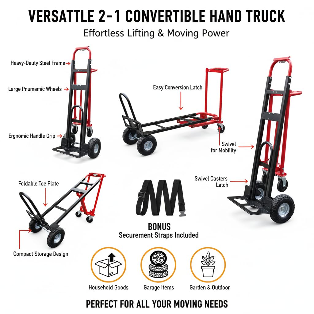 Nebicals Red Convertible Hand Truck Dolly Cart with 4 Wheels Heavy Duty,1000 Lbs Capacity, 2 Straps for Moving Furniture/Appliance/Carton/Warehouse/Office/Easy to Follow Video to Install