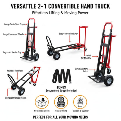 Nebicals Red Convertible Hand Truck Dolly Cart with 4 Wheels Heavy Duty,1000 Lbs Capacity, 2 Straps for Moving Furniture/Appliance/Carton/Warehouse/Office/Easy to Follow Video to Install