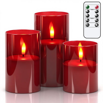 GenSwin Glass Flameless Candles with Remote Battery Operated Flickering LED Pillar Candles Real Wax 3D Wick for Wedding Festival Home Decoration(Red,Pack of 3)