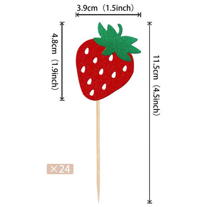 24 PCS Strawberry Cupcake Toppers Red Glitter Fruit Theme Berry Strawberry Cupcake Picks for Summer Sweet Fruit Baby Shower Kids Birthday Party Cake Decorations Supplies
