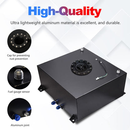 Dexepe Universal 15 Gallon 60L Fuel Cell Polished Aluminum Fuel Tank with Cap/Level Sender/12FT Oil Feed Line Black