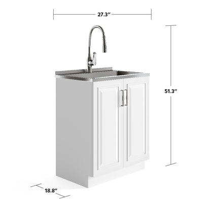 SIMPLIHOME Darwin All-in-One 28 inch Wide Utility Sink and Laundry Cabinet in Pure White Finish, Transitional Stainless Steel Sink Cabinet for Laundry Rooms with High-Arch Pull-Out Faucet and Storage