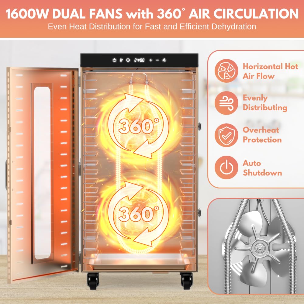 BriSunshine 20-Tray Commercial Food Dehydrator Machine, 24H Timer, 1600W Large Stainless Steel Dehydrators for Meat Jerky, Dog Treats, Fruits