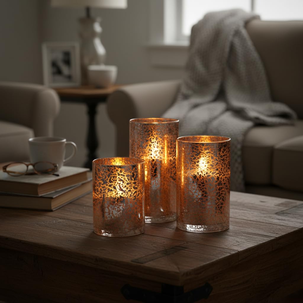 Silver Mercury Crackle Glass Flameless LED Pillar Candles Set of 3 – Warm White Flicker, Remote & Timer, Batteries Included, for Mother's Day, Spring Weddings, Home Decor & Romantic Ambiance