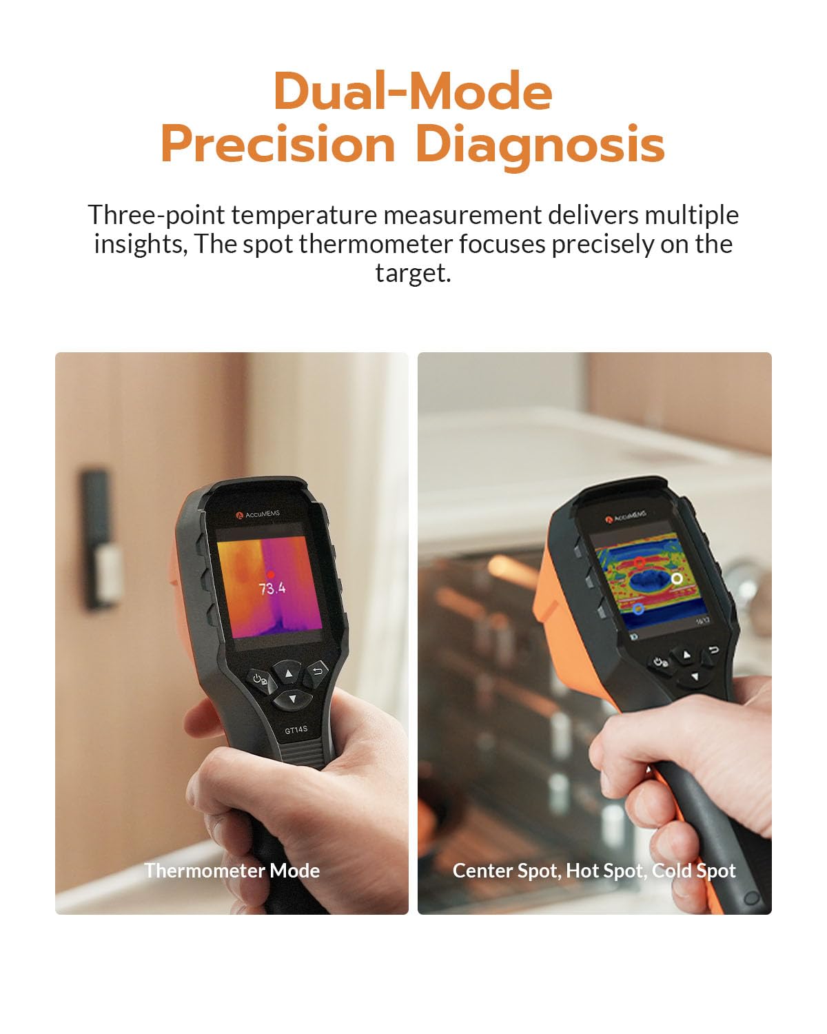 AccuMEMS GT14S Thermal Imaging Camera with Thermometer Mode, Ultra-Light 240g, -4°F~1022°F Range, 14H Runtime, Live Tracking with Edge-Enhanced Display, Infrared Camera for HVAC/Electrical Inspection