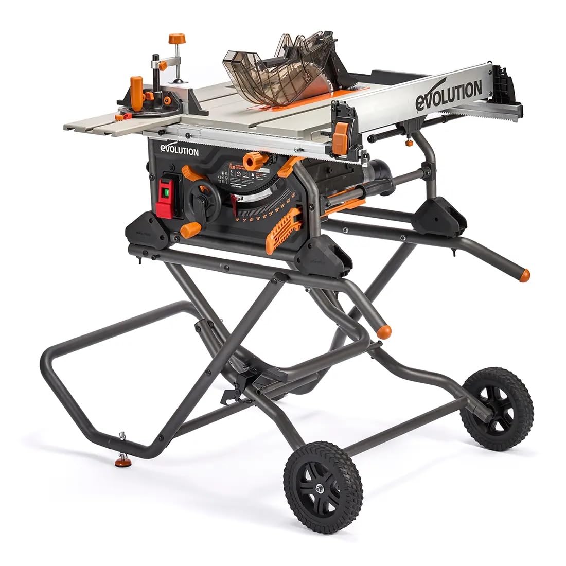 Evolution R10TBLX 10" Jobsite Table Saw with Wheeled Stand | Zero-Clearance Throat Plate | Dado Plate Included | 15A Motor | 26” Rip | 3-3/8” Cut | 0-45° Bevel | Precision Fence | Heavy Duty Portable