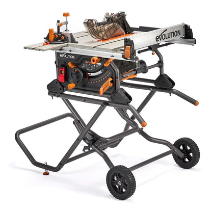 Evolution R10TBLX 10" Jobsite Table Saw with Wheeled Stand | Zero-Clearance Throat Plate | Dado Plate Included | 15A Motor | 26” Rip | 3-3/8” Cut | 0-45° Bevel | Precision Fence | Heavy Duty Portable