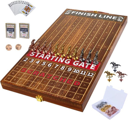 Horse Race Board Game Solid Wood Foldable Racing Board with 11 Metal Horses 2 Dice and 2 Boxes of Cards Portable Travel Game for Family Parties and Holiday Gatherings