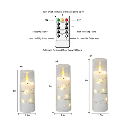 Flameless Candles with Embedded Star String, 12 Pcs Battery Operated LED Pillar Candles with Remote and Timer, Suitable for Home Decor, Party, Christmas & Wedding (White)