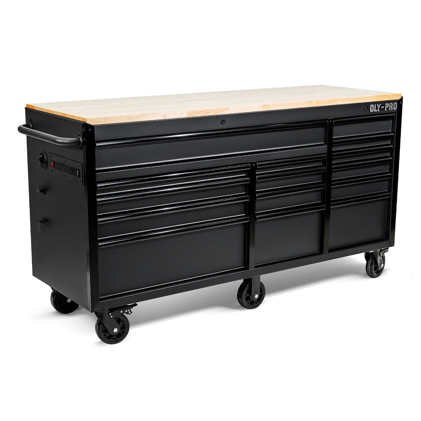 Olympia Tools 72 inch Heavy Duty Mobile Tool Chest Tool Box, with Solid Wood Top Workbench, 15-Drawer Rolling Tool Chest, Tool Storage Organizer for Garage, Workshop, and Home, Black