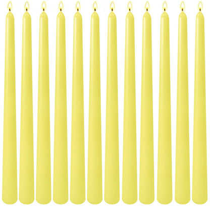 12-Pack Yellow Taper Candles, 10 Inch Unscented Dripless Candlesticks, Long-Lasting Burn Time of 7-8 Hours, Perfect for Home Décor, Weddings, and Events