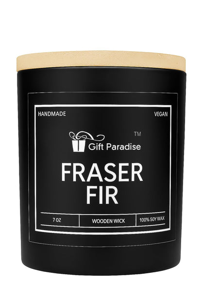 Gift Paradise® Fraser Fir Scented Candle – 7 oz Soy Wax with Crackling Wooden Wick & Wooden Gift Box | Fresh Pine & Evergreen Aromatherapy Candle for Self-Care, Home Refresh & Valentine’s Day Gifting