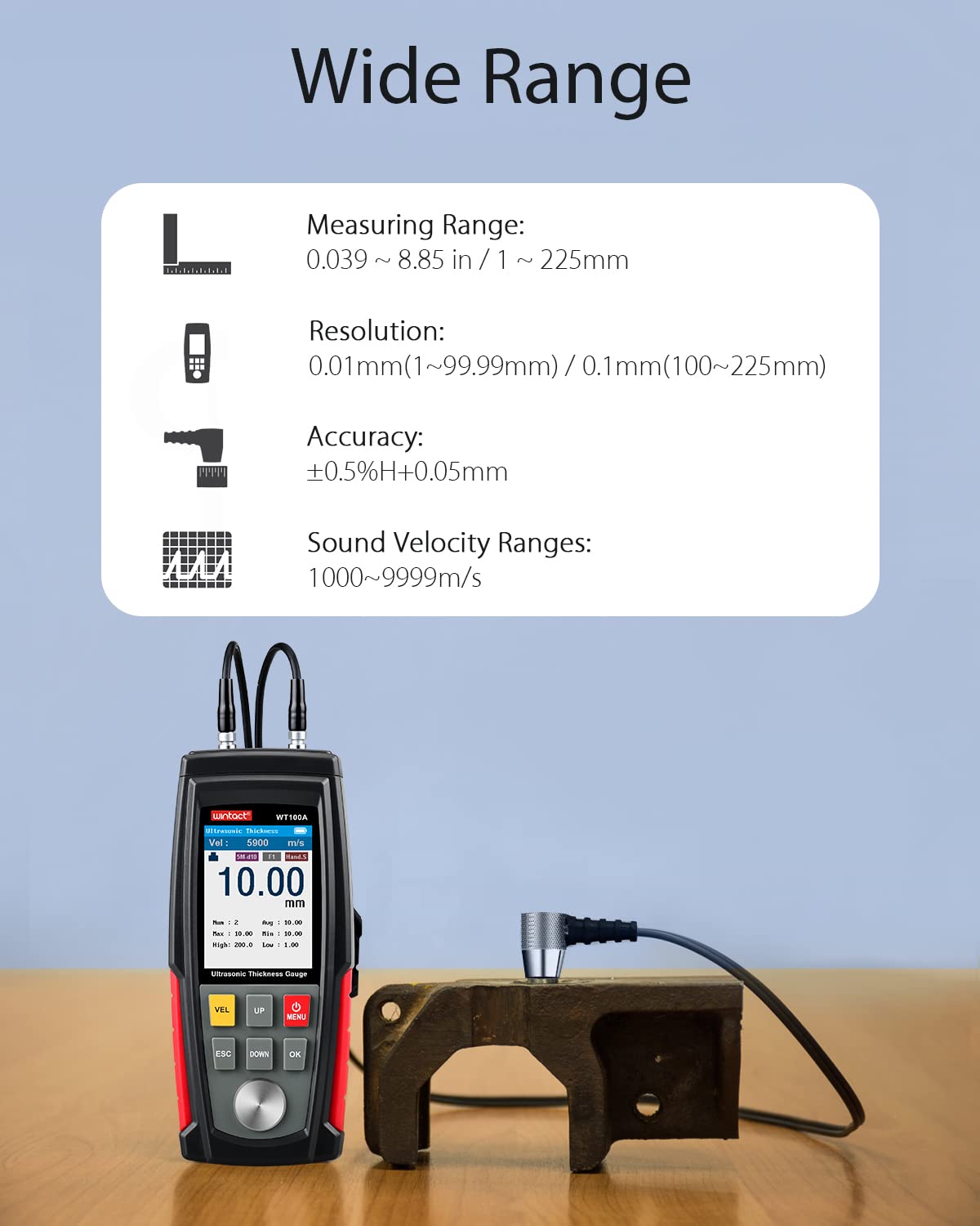 Wintact Digital Ultrasonic Thickness Gauge, Range 0.039 to 11.81 in with Probe for Measuring Metal and Nonmetal Materials, Steel, Cylinder Wall, Plastic, Glass, PVC, Pipes (WT100A)