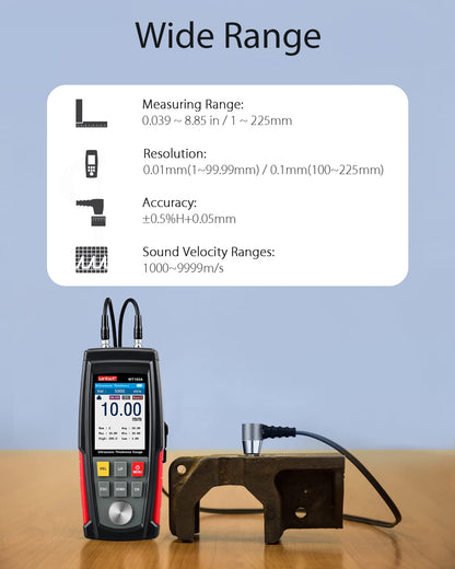 Wintact Digital Ultrasonic Thickness Gauge, Range 0.039 to 11.81 in with Probe for Measuring Metal and Nonmetal Materials, Steel, Cylinder Wall, Plastic, Glass, PVC, Pipes (WT100A)
