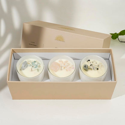 AvaConcept Healing Crystal Candle Gift Set – Set of 3 Celestite, Rose Quartz & Moonstone Hand-Poured Soy Wax Sea Salt Driftwood, Blackcurrant Rose & Amber Noir Aromatherapy Scents Premium Gift Box