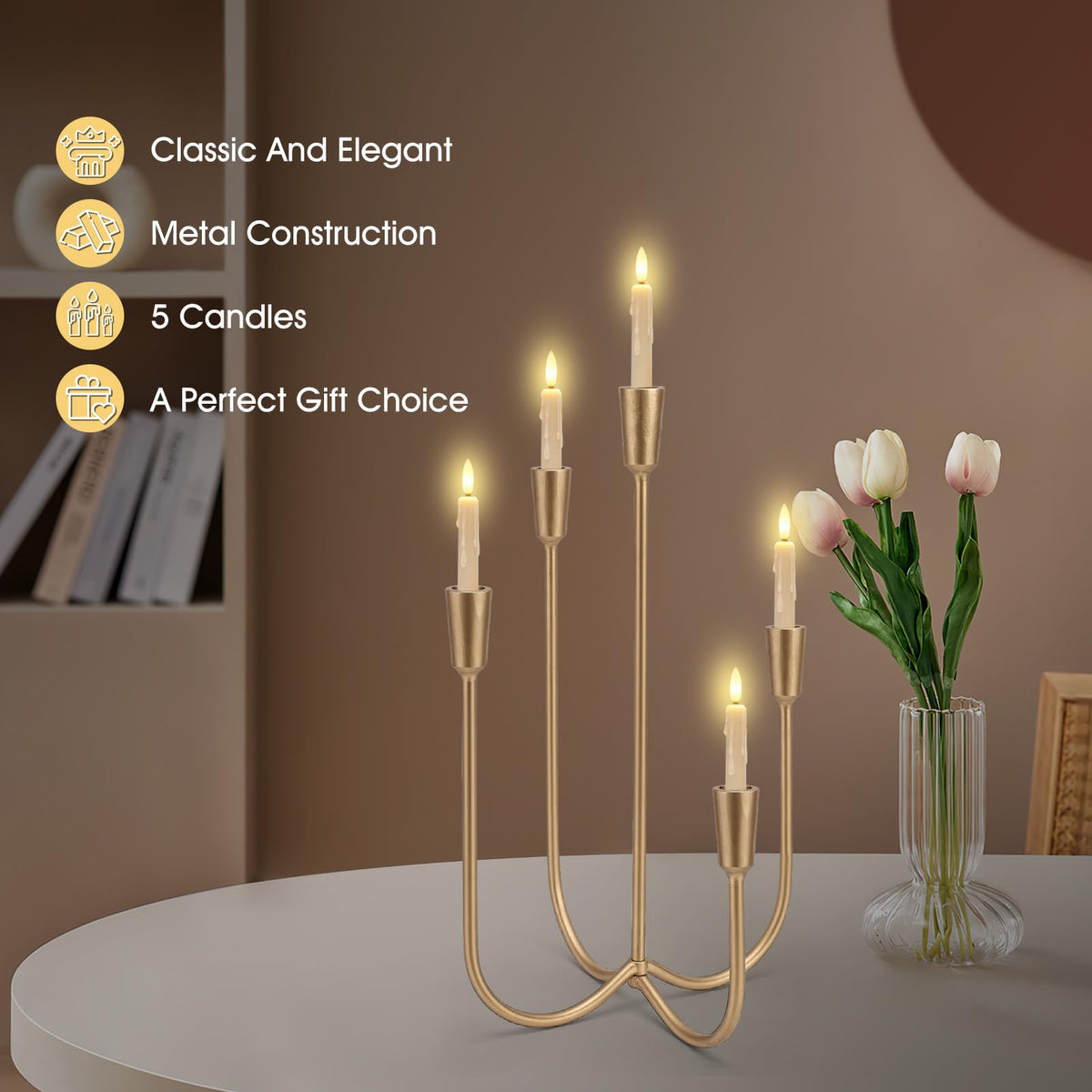 5-Candle Cast Iron Metal Candelabra, 17.7 Inch Candlestick Holders, Iron Tabletop Candelabra, Taper Candle Holders, Cast Iron Candelabra for Wedding, Table, Fireplace Mantel Decor