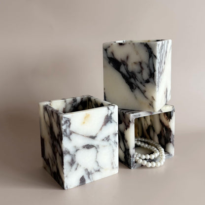 StonePlus Natural Marble Stone Square Storage Container Empty Vessel Holder Cup for Candle/Pens/Sundries items (Calacatta Purple)