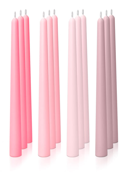 Homeology 12pk 10" Classic Taper Candles, Muted Pink Shades, 7-8 Hours Long Burning, Unscented Tall Candlesticks