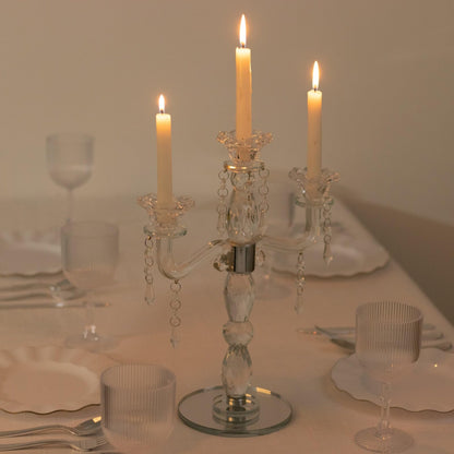 Efavormart Crystal 3-Arm Candelabra Taper Candle Holder with Hanging Prisms & Round Mirror Base – Faceted Cut Glass Design - 14" Tall