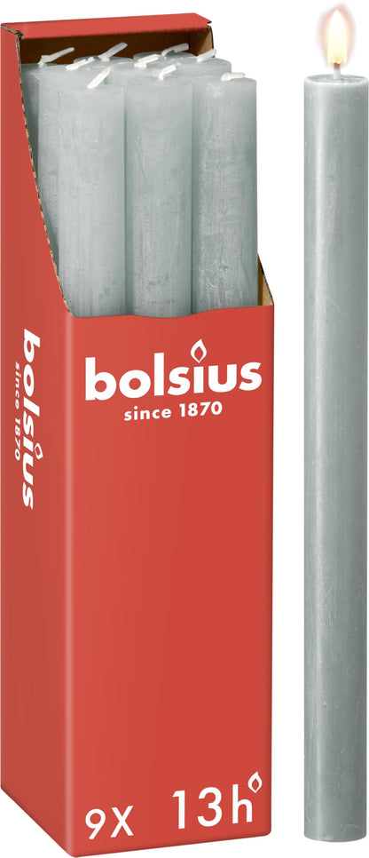 Bolsius Rustic Dinner Candles - Jade Green - Pack of 9 - Long Burning Time of 13 Hours - Household Candle - Interior Decoration - Unscented - Natural Vegan Wax - 27 x 2.3 cm