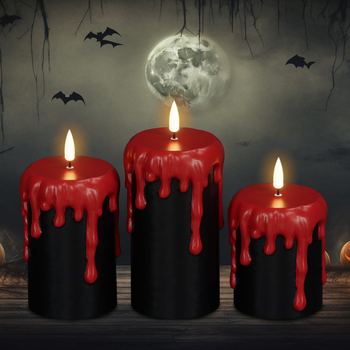 Lasumora Halloween Decorations Led Candles Flickering with 6H Timer, Battery Operated Halloween Candles, 3 Pcs Drip Wax Spooky Halloween Decor Indoor Real Wax, D3 x H 4" 5" 6"