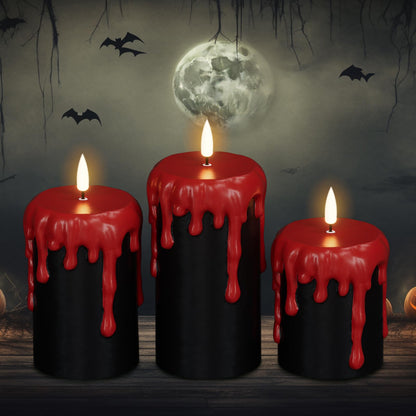 Lasumora Halloween Decorations Led Candles Flickering with 6H Timer, Battery Operated Halloween Candles, 3 Pcs Drip Wax Spooky Halloween Decor Indoor Real Wax, D3 x H 4" 5" 6"