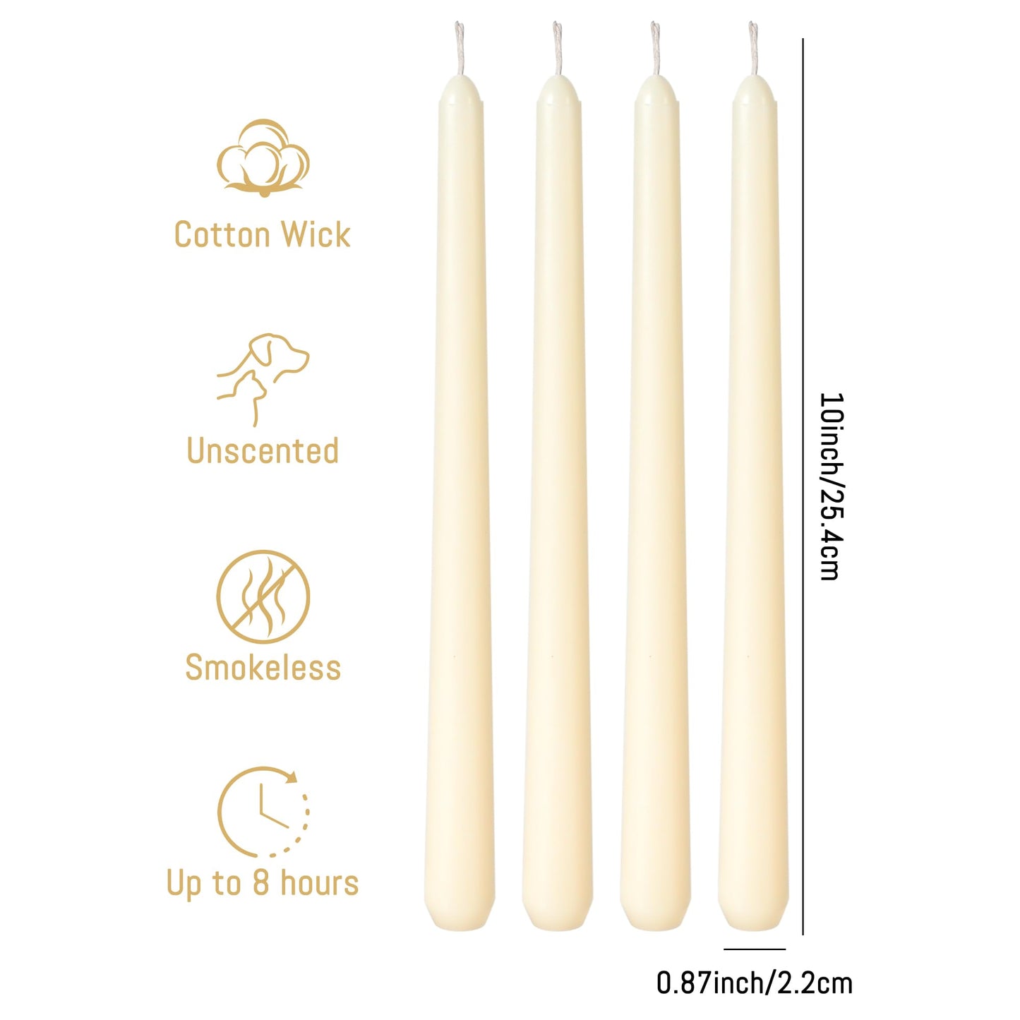Viyffo Taper Candles, 10 Inch, 4 Pack, Ivory – Unscented, Dripless & Smokeless Design, Up to 8-Hour Burn – Tall Candlesticks for Wedding, Dinner & Home Decor