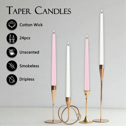 10-Inch Pink and White Taper Candles|24Pack Unscented, Smokeless,Hand-Poured CandleSticks,Perfect for Valentine’s Day, Weddings, Parties, Shabbat, Baby Shower, Birthday,Girls' Night,Home Décor