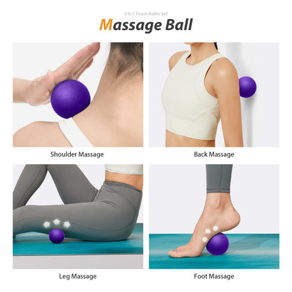 5 in1 Foam Roller Set, Trigger Point Foam Roller, Massage Roller Stick, Massage Ball, Resistance Band for Deep Muscle Massage Pilates Yoga,Fitness Exercise for Whole Body (Black-Red)