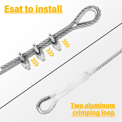 1/2" Steel Cable, Sunwuk 75Ft 7x19 Strand Aircraft Cable with Loops, 23000 Lbs Breaking Strength, Heavy Duty Wire Rope with Clamps and Thimbles for Zipline, Industrial, Towing, Winch Cable