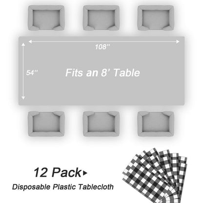 QIKSION Black Gingham Tablecloth Disposable 12 Pack, 54 x 108 Inch Black and White Checkered Table Cloth for Picnic, Outdoor BBQ Decorations, Birthday Party Supplies, Rectangle, Plastic Table Cover