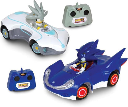 NKOK 1/28 Scale 2.4GHz RC Sonic 2PK RC Sonic &amp Silver Officially Licensed Full Function Radio Control Detailed 6.5” Vehicle and Character Grippy Tires Adjustable Front Wheels
