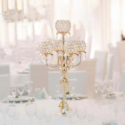 2 PCS Kehail Crystal Table Decoration Gold Candle Holder with Pendant, 5 Arm Candelabra Holder Beautiful Hollow Engraved Table Centerpiece for Christmas, Thanksgiving, Weddings, Holiday Parties