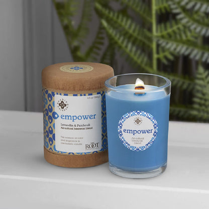 Root Candles Seeking Balance Wood Wick Spa Candle Aromatherapy Candles, 6.5-Ounce, Empower: Lavandin & Patchouli
