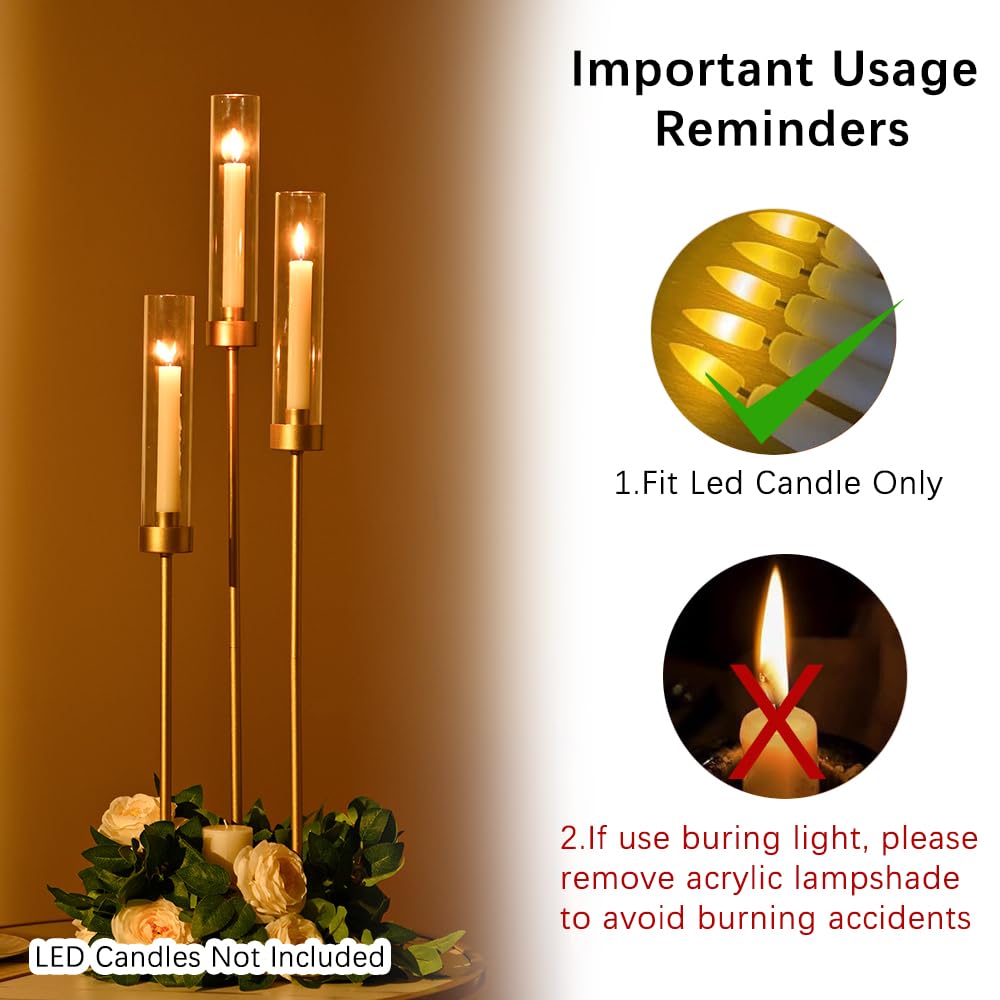 12 Set Gold 3-Arm Candelabra Centerpiece, 33.8 Inch Taper Candle Holder Metal Floor Candlestick Holders for Wedding, Home Party Decoration