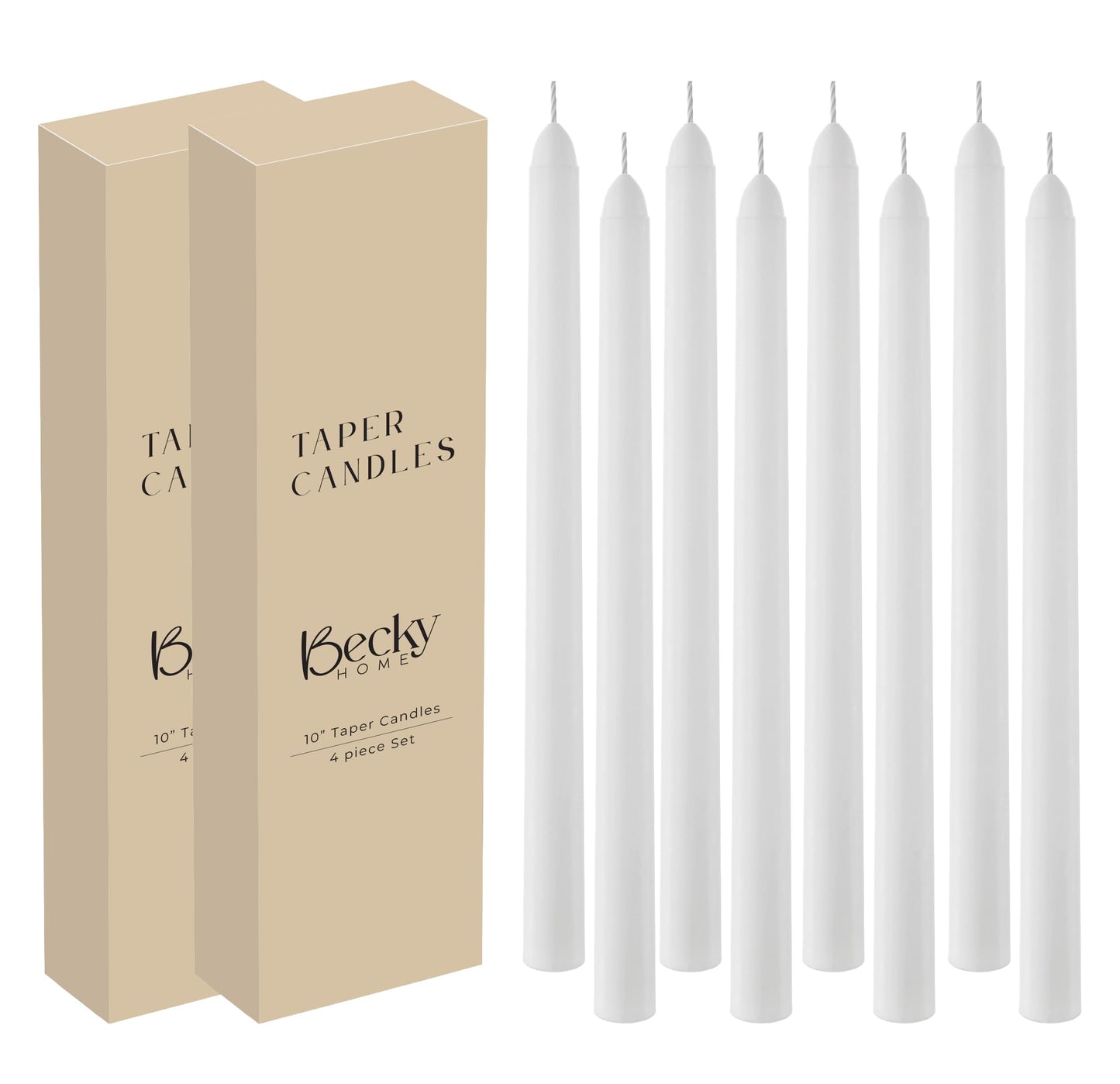 Becky Home 8 Pack White Taper Candles - Taper Candles 10 Inch Dripless, Smokeless & Unscented - 8 Hours Long Burning - Ideal for Weddings, Dinner Parties, and Home Decor