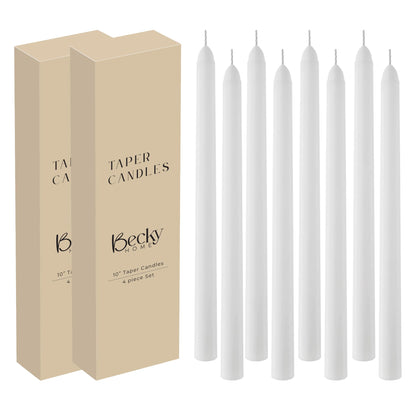 Becky Home 8 Pack White Taper Candles - Taper Candles 10 Inch Dripless, Smokeless & Unscented - 8 Hours Long Burning - Ideal for Weddings, Dinner Parties, and Home Decor